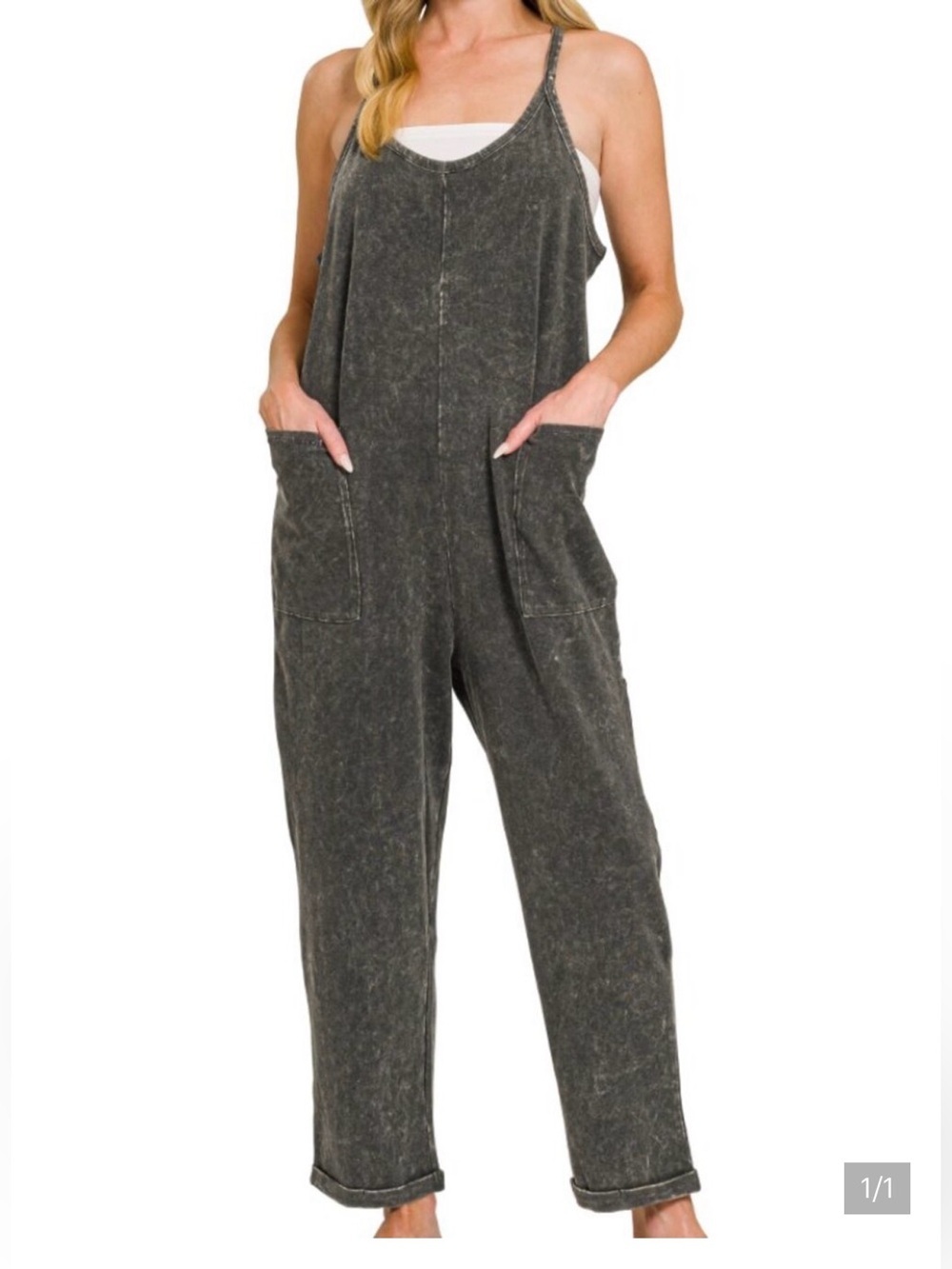Zenana Mineral Wash Spaghetti Strap Jumpsuit Overall Romper Size L/XL Brown Acid